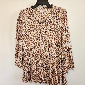 Cato Animal Print Top Tunic Lace Sleeve Ruffle Hem Button Front Lightweight LG